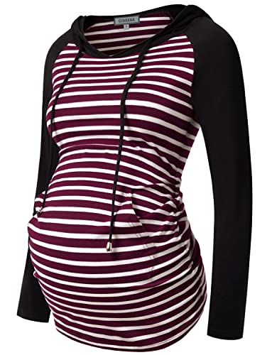 GINKANA Umstands-Kapuzenpullover mit Langen Ärmeln, lässiges Umstands-Top, Schwangerschafts-Sweatshirt, Freizeitkleidung, Burgunderrot/Schwarz, XL