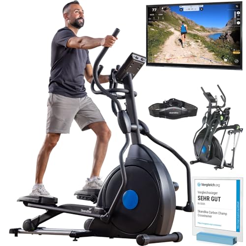 Skandika Crosstrainer für Zuhause Carbon Champ | CardioCross Crosstrainer klappbar platzsparend leise, 32 Stufen, 19 Programme, bis 150 kg, Kinomap App kompatibel, 24,5kg Schwungmasse, Ellipsentrainer