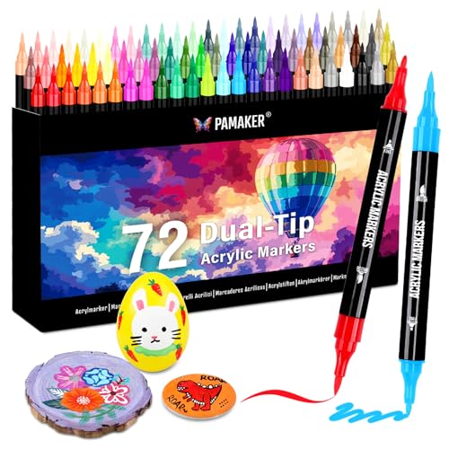 Pamaker 72 Farben Acrylstifte Set – Acrylmarker mit feiner Spitze und Pinsel für Stoff, Leinwand, Glas, Holz und Papier – Ideal für Kinder und Erwachsene, zum Zeichnen und DIY-Bastelprojekte