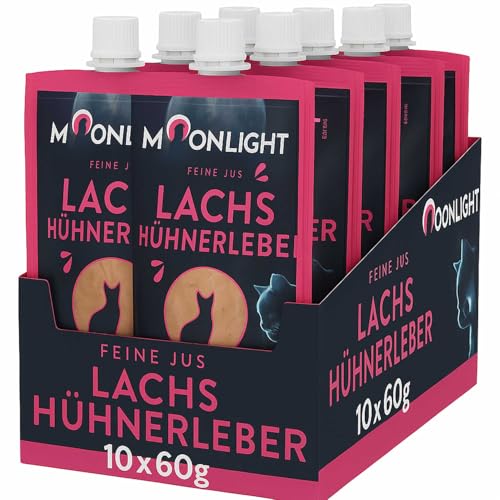 Moonlight Feine Jus Lachs mit Hühnerleber 10x60g, Katzensnack in feiner Sauce, Vorratspack Katzenleckerlis, proteinreich, ideal für Fischliebhaber