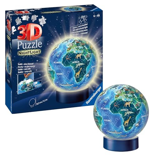 Ravensburger 3D Puzzle 11844 - Nachtlicht Erde bei Nacht - Puzzle-Ball Kinderglobus mit LED Leuchtsockel inkl. Klatsch-Mechanismus - Geschenkidee für Kinder ab 6 Jahren