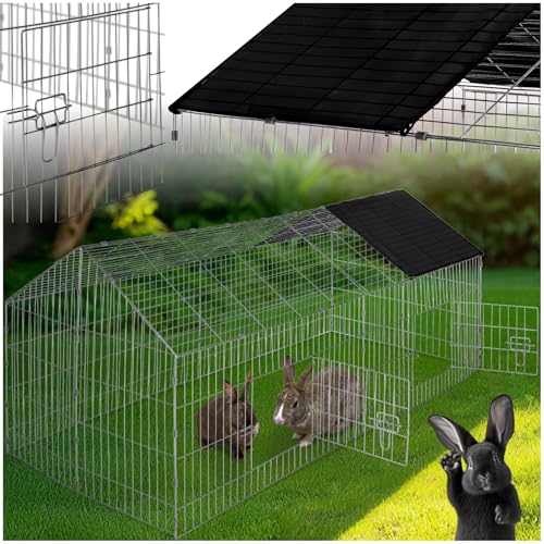 tectake® Freilaufgehege Kaninchen, Hasenstall draußen, Meerschweinchen Käfig, Laufgitter mit Sonnenschutz, Hasenkäfig, Steckzaun, Kleintierkäfig, Meerschweinchen Gehege, 180 x 75 x 75 cm - schwarz