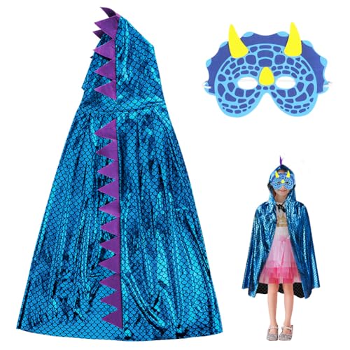 Aomig Dinosaurier Umhang Kinder 3Pcs Blau Drachenflügel Cosplay Kostüm Cape mit Dino Maske Handschuhe Drachen Mantel Kleidung Kinderkostüm Halloween Karneval Weihnachts Maskerade Jungen Mädchen 70cm