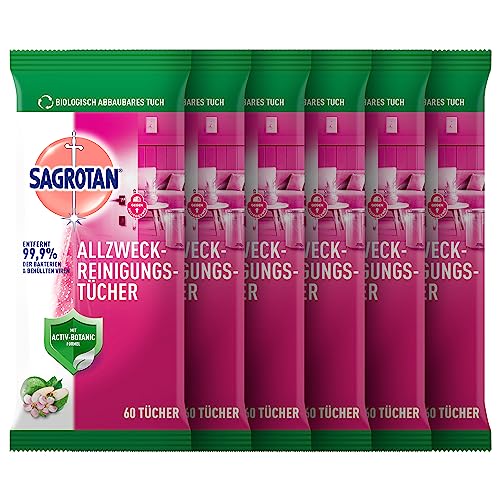 Sagrotan Allzweck-Reinigungstücher Blütenfrische und grüner Apfel, gegen 99,9% der Bakterien, 6er Pack (6 x 60 Stück)
