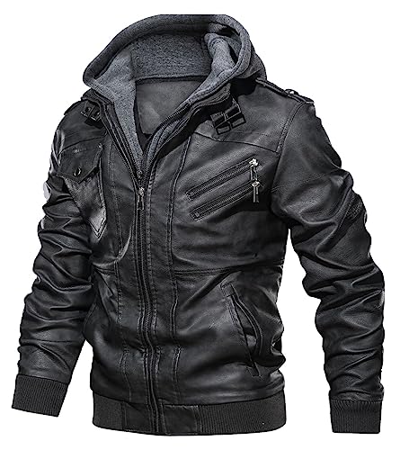 Uusollecy Lederjacke Herren Kunstlederjacke Mit Abnehmbare Kapuze, Dunkelgrau M