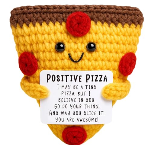 Lustige Positive Pizza-Geschenke, Positive Geschenke, Hand Gestrickt Pizza, Gestrickte Puppe mit Positivitätskarte, Emotional Support Glücksgeschenk für Familie Freunde Und Geburtstagsgeschenke, Gelb