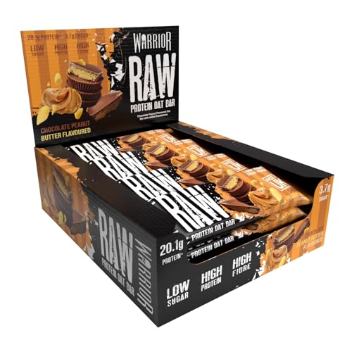 Warrior Raw Protein Riegel Flapjack 12 x 75 g (Schoko-Erdnuss) – Zuckerarmer, ballaststoffreicher Mahlzeitenersatz & Frühstücks-Hafer-Snack für Energie, muskelaturaufbau & Sättigung