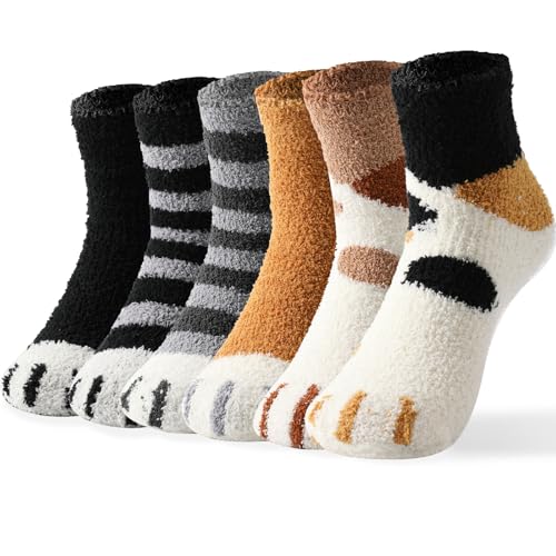 MOCOCITO 6 Paar Socken Damen aus Baumwolle/Coral-Fleece Katzensocken，Pfotensocken Karikatur Tier Socken Damen Witzige Weihnachtssocken Sneakersocken Größe 35-42