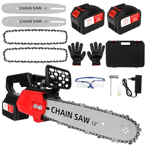 Kettensägen mit Akku Kettensäge 9000 mAh 12 zoll Elektro-Kettensäge 2 Akkus 4500mAh, 2 Ketten + 2 Kettenführungsschienen