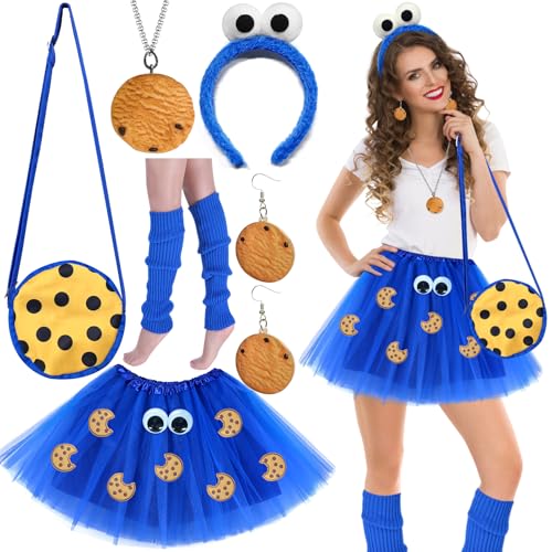 Krümelmonster Kostüm Damen mit Tüllrock Krümelmonster Haarreif Tasche Ohrringe Socke Karneval Cookie Monster Kostüm Krümelmonster Damen Erwachsene Accessoires für Fasching Mottoparty Verkleidung
