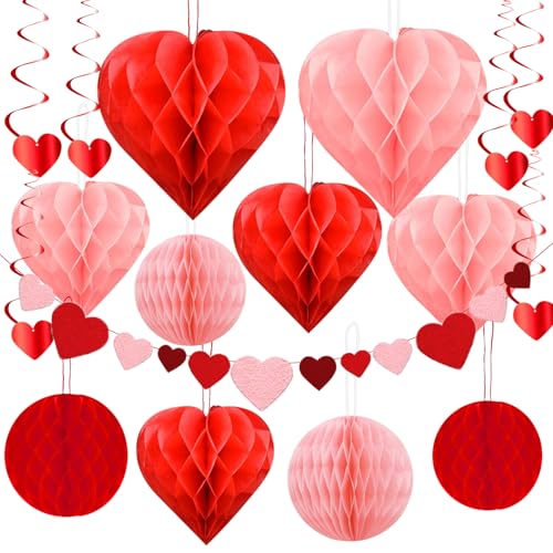 Valentinstag Deko, 17PCS Valentinstag Dekoration, Heiratsantrag Deko, Verlobung Deko, Romantische deko, Rote Waben Hängende, Herz Deko, für Hochzeit Party Verwendet