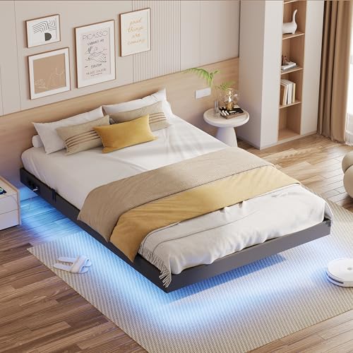 IRONCK Bett 140x200 mit LED Beleuchtung und Ladestation, Bettgestell 140x200 cm mit weicher Polsterung, Floating Bed Frame, Bettrahmen 140x200cm, Jugendbett, Metallbett mit Lattenrost Doppelbett, Grau