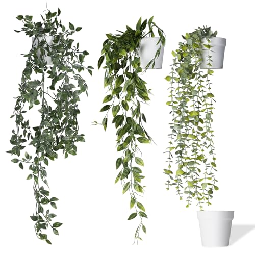 MARTIVA® 3er Set künstliche Hängepflanzen (62-82 cm) in weißen bruchfesten Töpfen - einfach zu pflegende und langlebige Kunstpflanze hängend