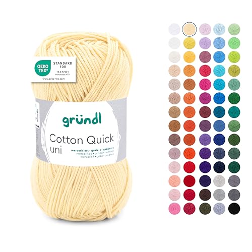 Gründl Wolle Cotton Quick uni - dünne Wolle zum Häkeln - Strickgarn - Häkelgarn - Glänzend und hautfreundlich - 100% Baumwolle - 1 Knäuel 50 g / 125 m - Nadelstärke 3-4 - pastellgelb