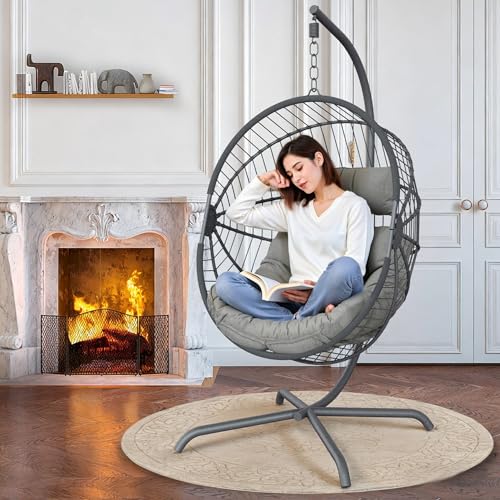 GREEN MORE Hängesessel mit Gestell, Rattan Korbweide Faltbare Hängesessel mit Ständer Dicke Kissen Möbel, 160KG Kapazität, für Outdoor Innenhof Garten Schlafzimmer, Grau