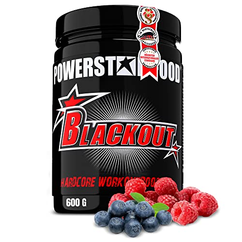Powerstar BLACKOUT Hardcore Pre-Workout-Booster 600g | Hochdosierter Pump-Booster mit natürlichem Koffein | Fitness, Energie & Fokus | Deutsche Herstellung | Vegan | Blue Raspberry Trainingsbooster