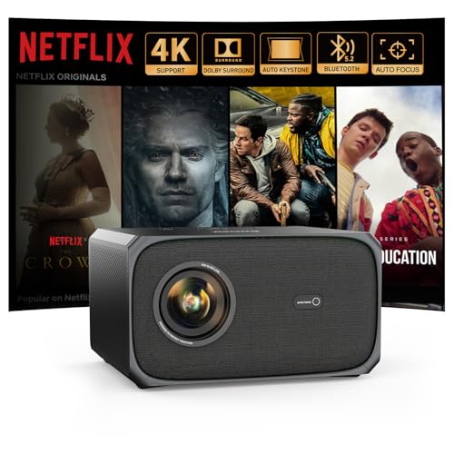 Beamer 4K Passend für Netflix Dolby Audio 35000L 1080P FHD Smart Beamer Heimkino, KI-Autofokus & Trapezkorrektur Jimveo Projektor mit Zwei-Wege Bluetooth WiFi6 Outdoor 300