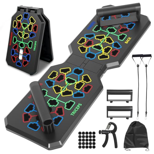 Faltbares Liegestützgriffe, Multifunktions Push Up Board, mit 2 Elastischen Widerstandsseilen und Unterarmtrainer, Fitnessgeräte für Krafttraining Zuhause