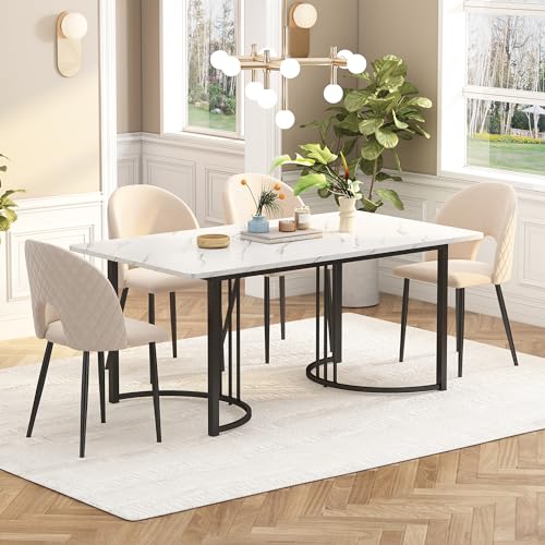Merax Esstisch 140x80cm, Rechteckiger Marmormuster Esstisch, für 4-6 Personen, Metallrahmen, verstellbareTischbeine, geeignet für Restaurant, Wohnzimmer, Küche,Wohnzimmer, Weiß/Schwarz