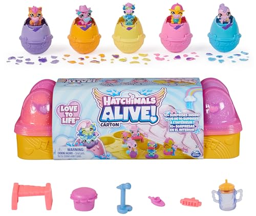 Hatchimals Alive Eierkarton Spielset - mit 5 selbstschlüpfenden Eiern, insgesamt 6 niedlichen Tierfiguren sowie 11 Accessoires für fantasievollen Spielspaß, für Kinder ab 3 Jahren