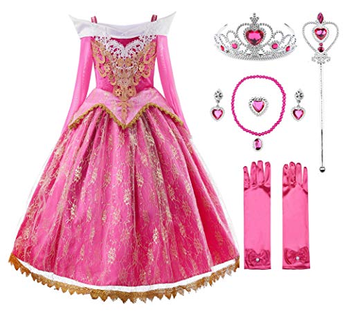 JerrisApparel Mädchen Prinzessin Spitze Kleid Rosa Schulterfrei Party Kostüm Verkleidung (6 Jahre, Rosa Mit Zubehör)