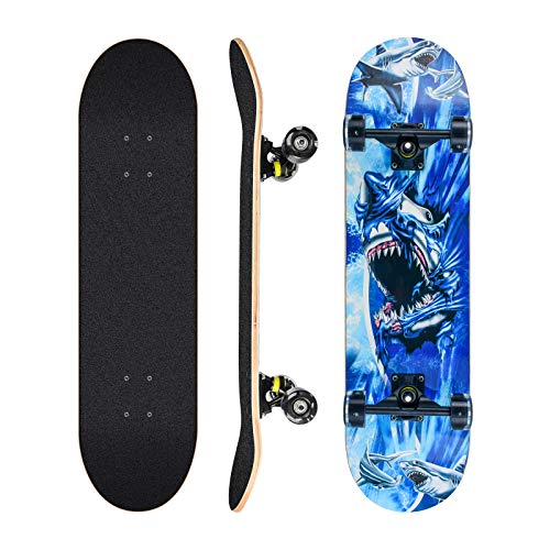 Complete Skateboard, 78.7 x 20.3 cm Board, with ABEC-11 Bearings, 8 Layers of Maple, with Polyurethane (PU) Flashing Wheels, Suitable for Children, Teenagers and Adults (blau-Shark)