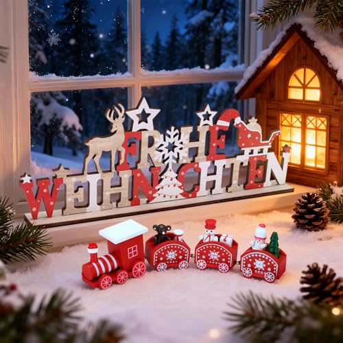 Johamoo 2 Stück Weihnachtsdeko innen Holz - Weihnachten Zug & Schriftzug für Tischdeko - Aufsteller zum Hinstellen für Fensterbank Weihnachtsdekorationen - Klein