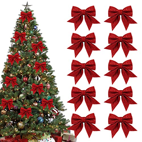Shining She 10 Stück Rote Schleifen Weihnachten Glitzer Weihnachtsbaum Schleifen Weihnachtsbaumschmuck für Familienfeiern Party Dekoration für Weihnachten Urlaub Hochzeit Feierlichkeiten