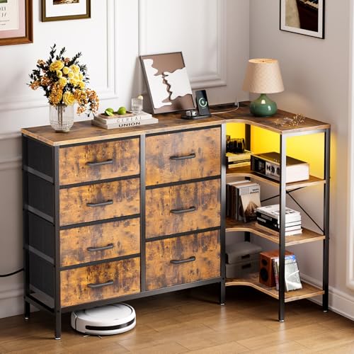 Coleshome Kommode mit Schubladen, Eck Kommode mit 7 Stoffschubladen - 2 USB- und 2 AC-Steckdosen und LED, Mit 3-lagigem Ablagetisch, Geeignet für Schlafzimmer- und Wohnzimmerecken, Vintage-Farben