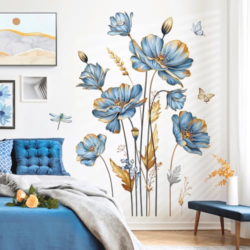 decalmile Wandsticker Blumen Blau Groß Wandtattoo Blüten Blätter Gold Pflanzen Wandaufkleber Wohnzimmer Schlafzimmer Sofa TV Hintergrund Wanddeko