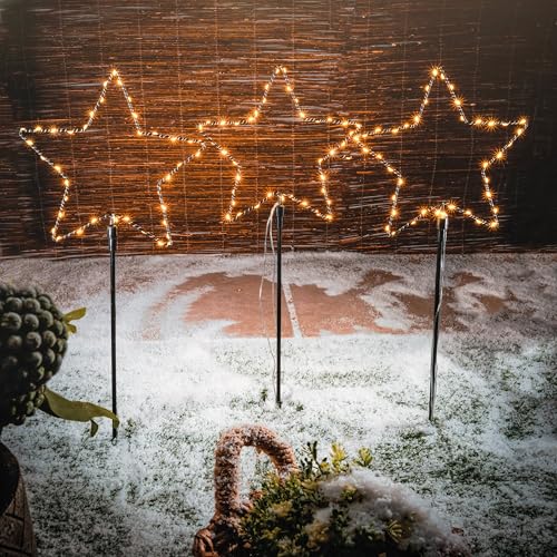 esotec Solar-Steckleuchte Steckleuchten Gartenstecker STERNENZAUBER Weihnachtsbeleuchtung für außen | 3er Set LED-Stern Weihnachtssterne | LIFEPO4 AKKU Gartenlicht | IP44 wetterfest 102571