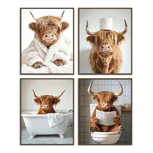 Dazzlewall 4Pcs Highland Kuh Wandkunst Bild, Lustige Kuh Badezimmer Badewanne Bild Druck, Skurrile Toilette Tier Wand Dekor Poster, 8x10 zoll Ungerahmt