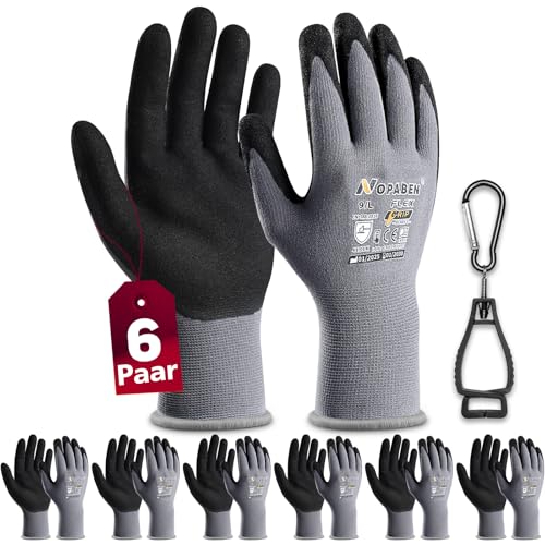 6 Paar Arbeitshandschuhe mit grip herren, mit Rutschfeste Nitril-Beschichtung Mechaniker Handschuhe, Montagehandschuhe mit optimaler Griffigkeit & feinem Tastgefühl, gartenhandschuhe damen, Größe 9/L