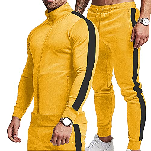 TEZO Herren Casual Active Trainingsanzüge Full Zip Sport Jogging Anzüge Sets Athletic Running 2 Piece Sweatsuits mit Reißverschlusstaschen, Gelb/Schwarz, X-Large