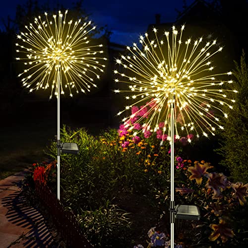 Liyade 2 Stück Solarstecker Gartenleuchten 120 LED Solar Gartenleuchten für Außen 8 Modi Solarleuchten Feuerwerk Pusteblume Solarlampen für Außen Garten Wege Rasen Balkon Deko (Warmweiß)