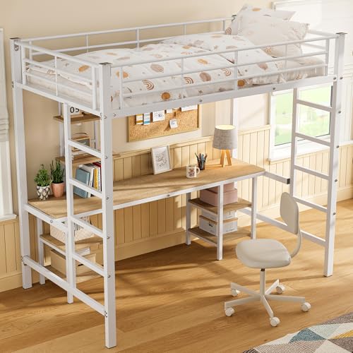 Laxnb Kinderbett 90x200 Hochbett mit Schreibtisch und Stauraum Bücherregal, Etagenbett mit Rausfallschutz & Beiden Seiten Leiter, Kinderbett Metall Bettgestell mit Lattenrost, Ohne Matratze (Weiß)