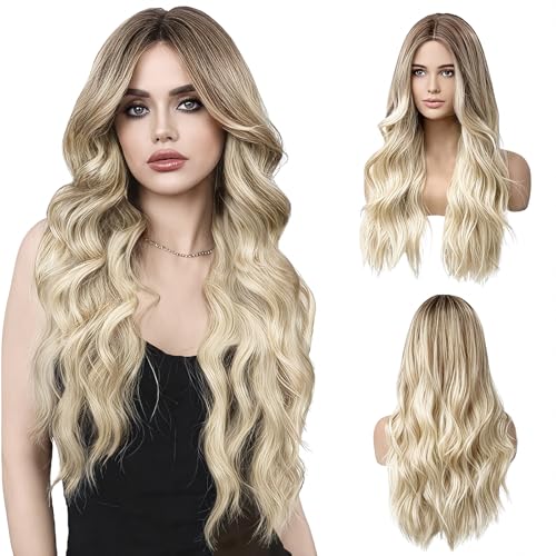 LUFFLOK Lange Lockige Ombre Braun zu Blond Perücken für Frauen 68cm Lange Perücken Damen Lockige Gewellte Perücken Hitzebeständig Volle Haar Ombre Perücke für Tägliche Karneval Party Cosplay (Blond)