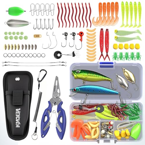 VEYCVLA 103 PCS Angeln Köder Set mit Köderbox, Angelzubehör Enthält Multifunktionale Angelzange-Gemischt einschließlich Spinner,Höhenhaken,Einzelhaken,Zangen,jigheads für Süßwasser-Salzwasser-Fischen