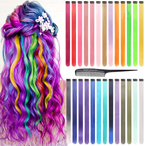 Comkrivy Farbige Haarverlängerung, 26 Farben Haarsträhnen Zum Einklipsen Mit Kamm, 55cm Hitzebeständig Bunte Haarteile Bunte Haarverlängerung Clips für Frauen Mädchen Kinder Party Festival Dekoration