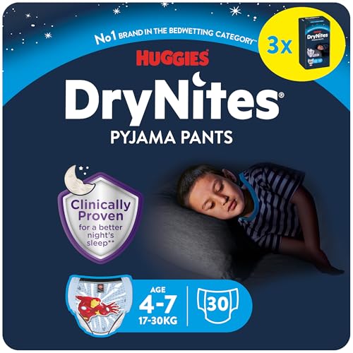 HUGGIES DryNites saugfähige Nachtwindeln bei Bettnässen, Für Jungen 4-7 Jahre (17-30 kg), 3 x 10 Stück = 30 Windel-Pants, Höschenwindeln, Windelhöschen