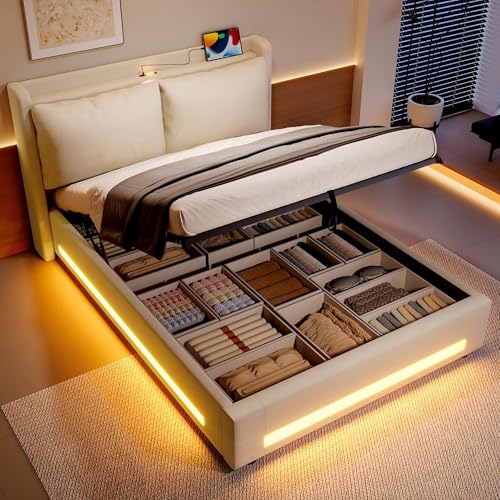OKimmy Bett 140x200cm Polsterbett mit Stauraum, Boxspringbett mit USB-C-Anschlüssen, LED-Beleuchtung, Abnehmbaren Kissen, Bettgestell Doppelbett mit Lattenrost, Leinen Beige