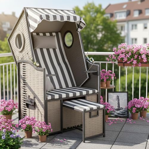 Wohnando Bulli Strandkorb XXL mit Bullauge - Hochwertiger Liegestuhl für Garten & Outdoor, Ostsee Design, 1-Sitzer Sonnenliege, Strandkörbe für Balkon, wetterfest, Beach Chair, Sonnenschutz