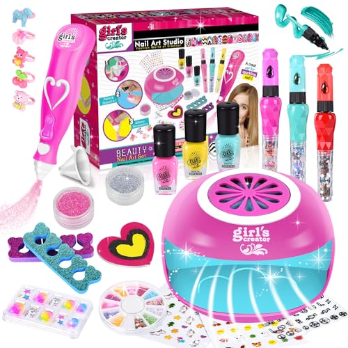 Herenear Nagelstudio Kinder Mädchen, Geschenke für Mädchen Nagellack Set, Nagelkunst Kinder 6 7 8 9, DIY Schminkkoffer Spielzeug, Kinderschminke Set mit Nageltrockner