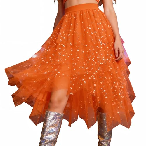 Aperol Kostüm Damen Tüllrock Orange: Tüllrock Damen Lang Glitzerrock Tütü Rock Orange Glitzer Rock Mehrschichtiger Mesh Tüll Röcke Faschingskostüme Ballet Tanzrock Karneval Kostüm Karnevalskostüme