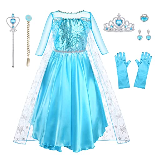 URAQT Kostüm Kinder Mädchen, 9-teiliges Set Kleid Kinder mit Krone Diadem Handschuhe Zauberstab für Weihnachten Verkleidung Karneval Halloween Geburtstag Party,110CM