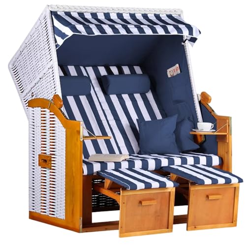MR. DEKO Strandkorb Ostsee Volllieger 2-Sitzer | PE Geflecht Weiß Bezug Uni blau | inkl. 4 Kissen & Klapptisch | Strandstuhl verstellbar | Strandkörbe aus Hartholz mit Fußablage (Dessin Blau Weiss)