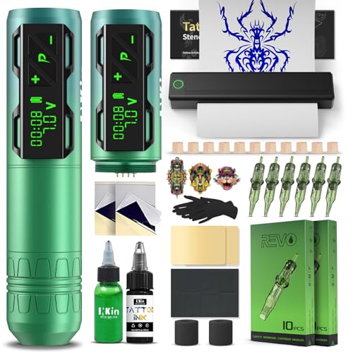 INKin Tattoo Maschine Set, Kabelloser Tätowiermaschine mit 4.0 Hublänge und 2pcs 1800mAh Batterien, Tattoo Zubehör Set Komplett mit Tattoo Drucker Bluetooth, Stencil Stuff, Tattoo Farbe und Nadeln