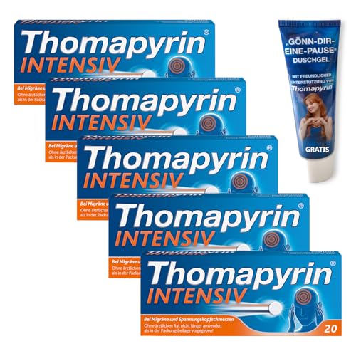 Thomapyrin INTENSIV bei Migräne & intensiveren Kopfschmerzen | 5x20 Stk Vorteilspack +Duschgel | 3-fach Kombination: ASS, Paracetamol & Coffein | Wirkt 20 min schneller als Ibuprofen 400 mg
