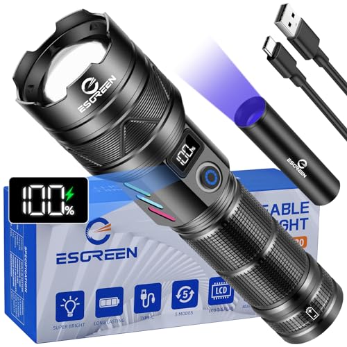 Esgreen LED Taschenlampe Extrem Hell 500000 Lumens Lange Reichweite, USB C Aufladbar Taktische Starke taktische Flashlight mit Hohe Kapazität Akku Zoombar 5-Modi Groß Torch Light für Camping Security