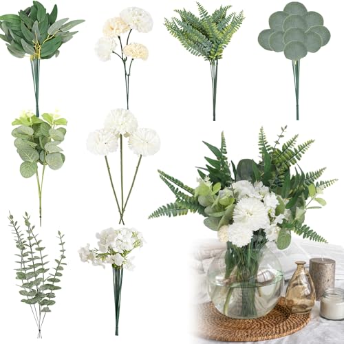 55 Stück Kunstblumen & Künstliche Zweige, 3 Verschiedenen Weiße Künstliche Blumen und 5 Grünen künstliche Zweige, Eukalyptus & Hortensien für DIY Brautstrauß & Kunstblumen Hochzeit & Party Deko